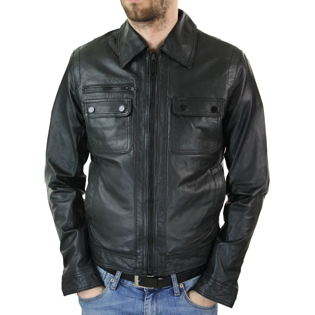 Men's Black Zip Classic Leather Short Jacket