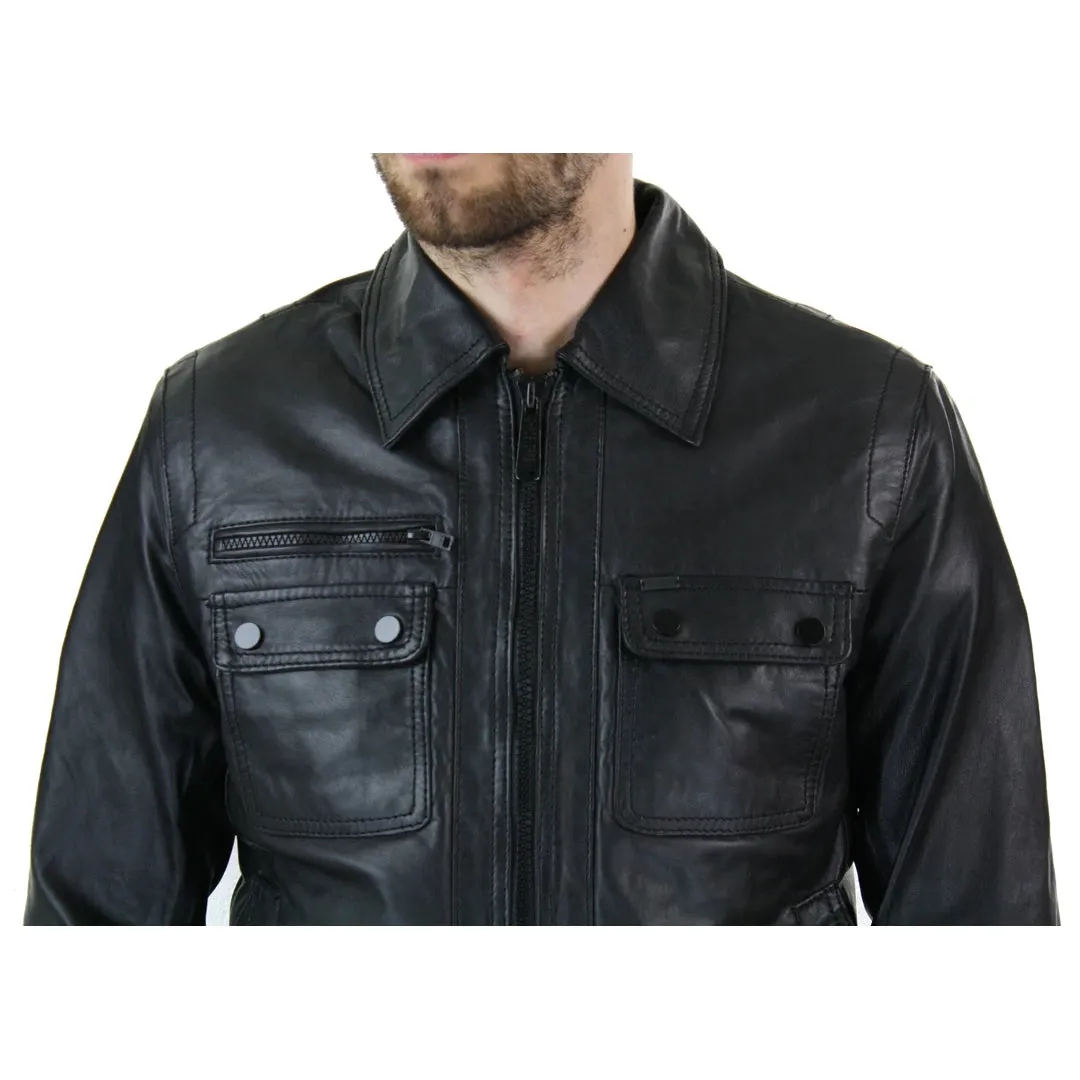 Men's Black Zip Classic Leather Short Jacket