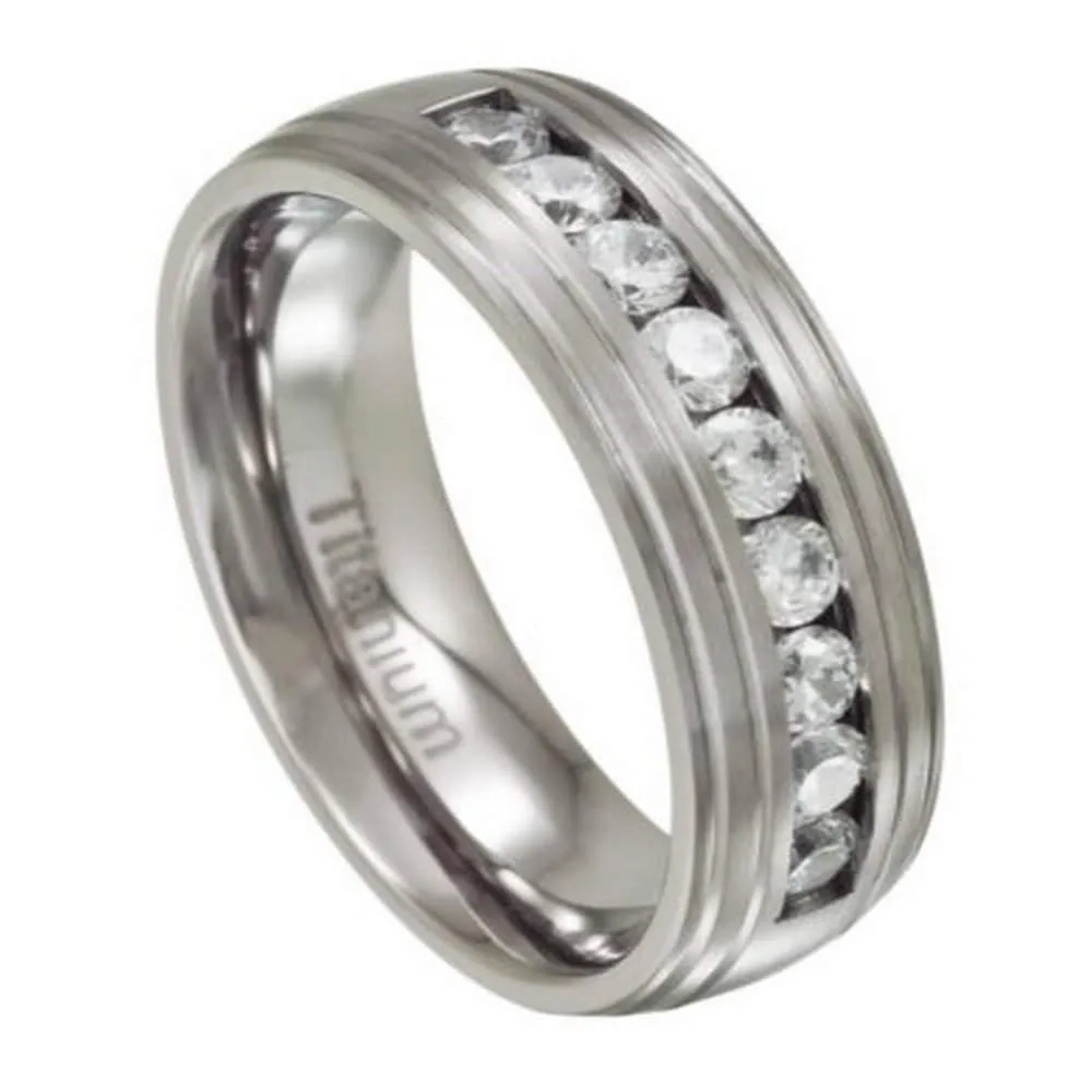 Men's Titanium Wedding Band with 9 Channel Set CZs | 8mm