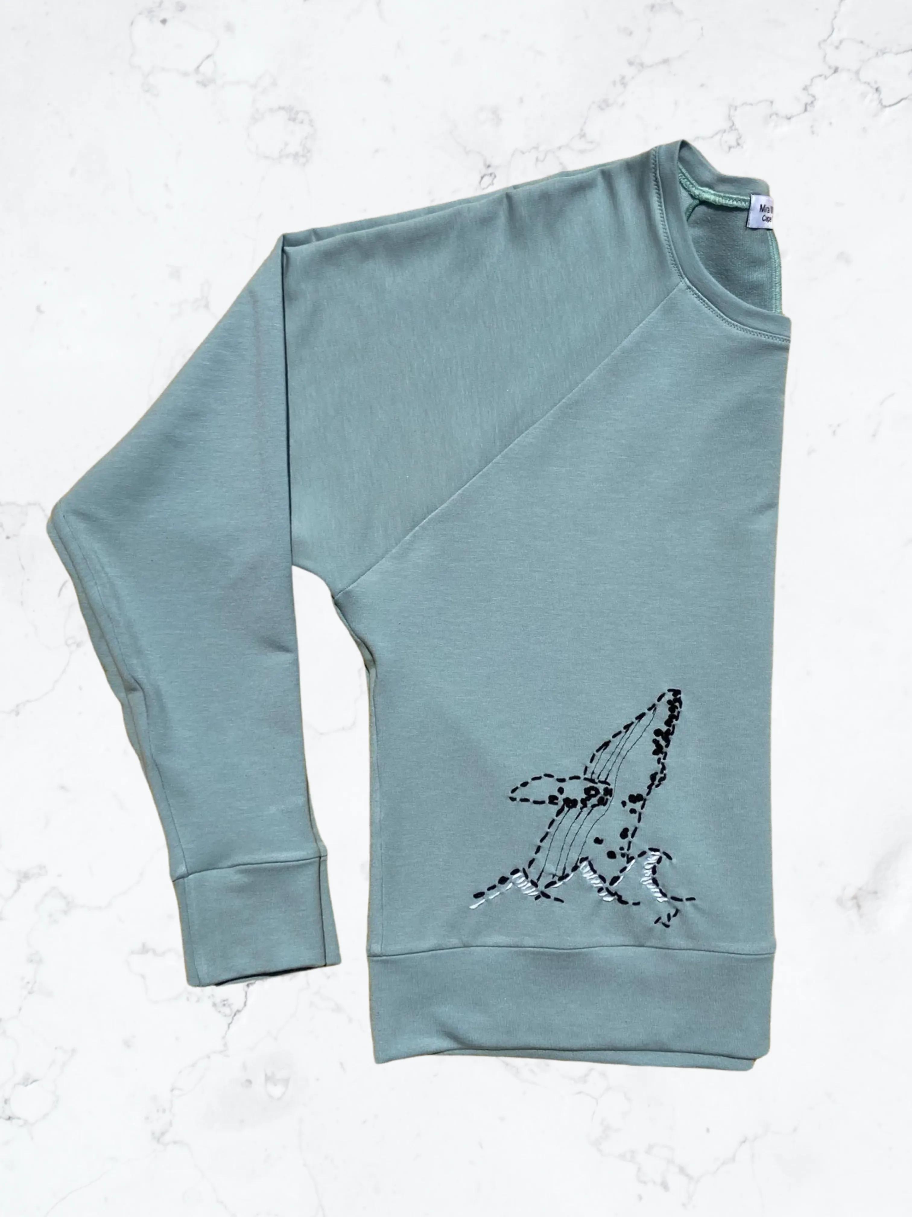 Mint Green Sweater with Whale Hand Embroidery