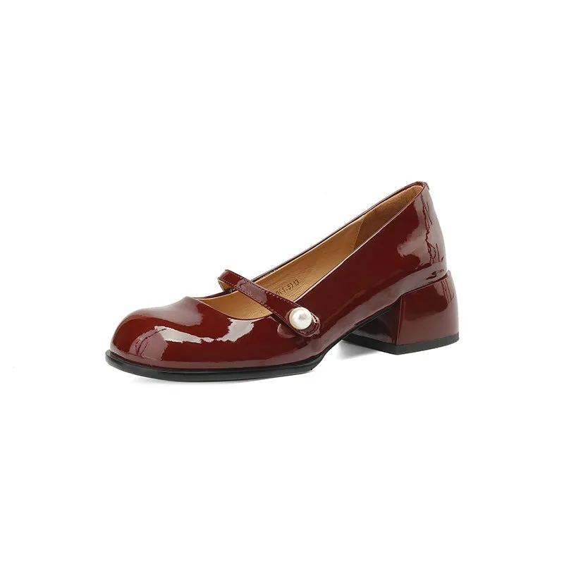 Retro Leather Block Heel Office Shoes Mary Jane Pumps With Pearl Detail in Wine Red/Black