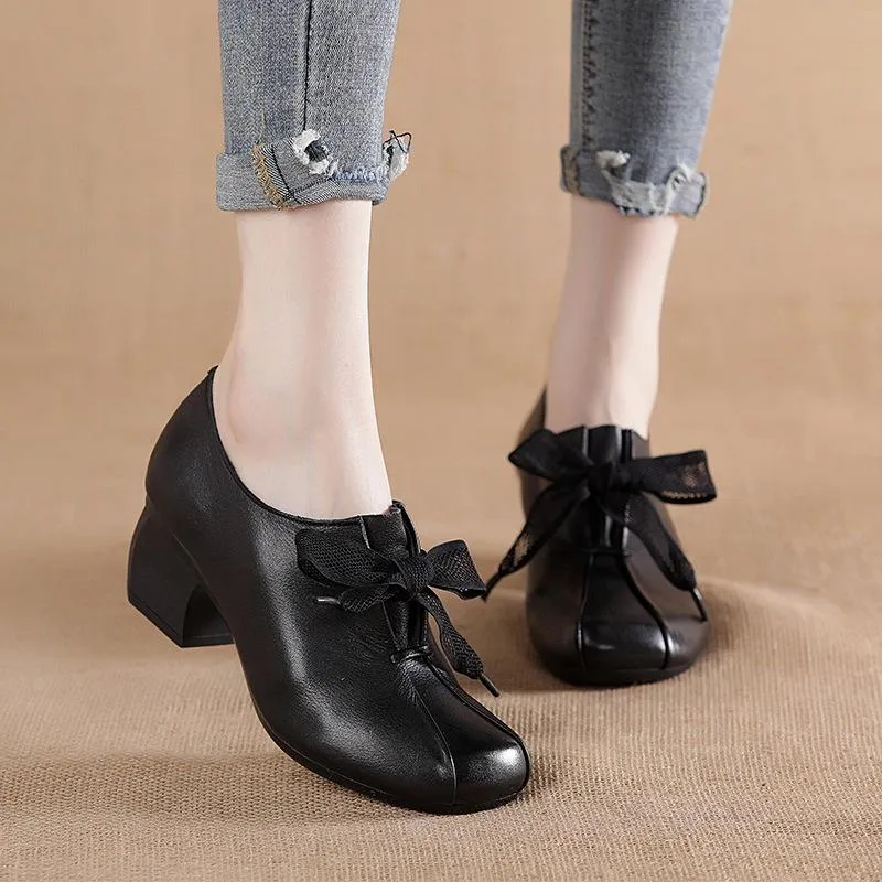 Retro Leather Shoes Handmade Square Toe Chunky Heel For Women Brown/Black