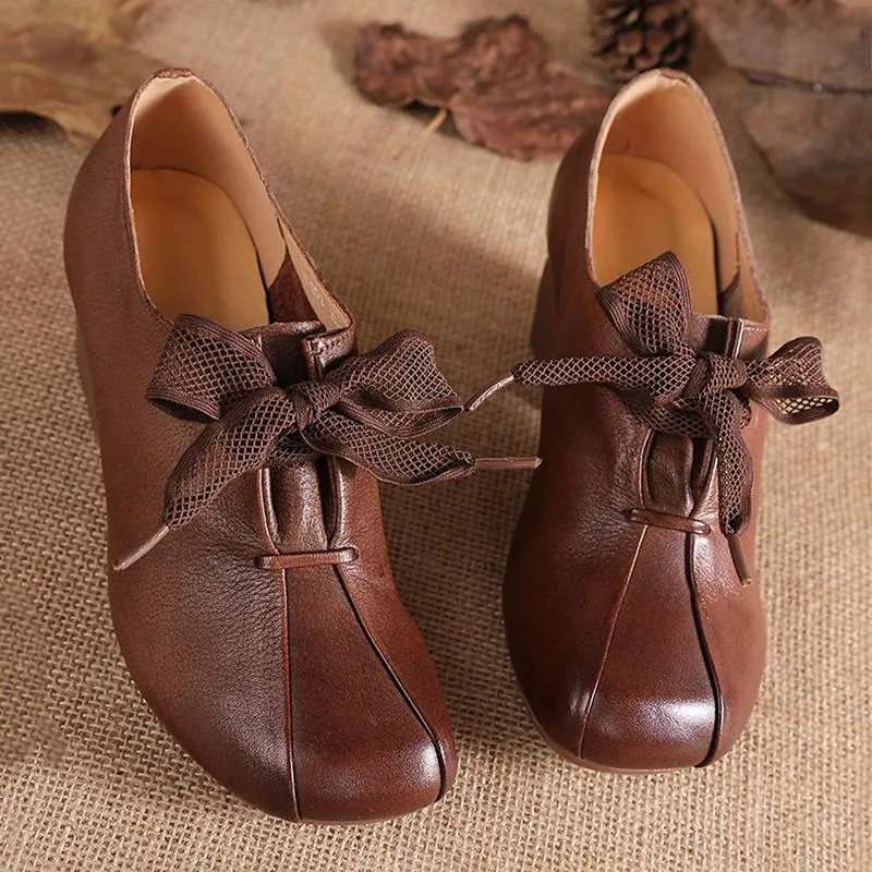 Retro Leather Shoes Handmade Square Toe Chunky Heel For Women Brown/Black