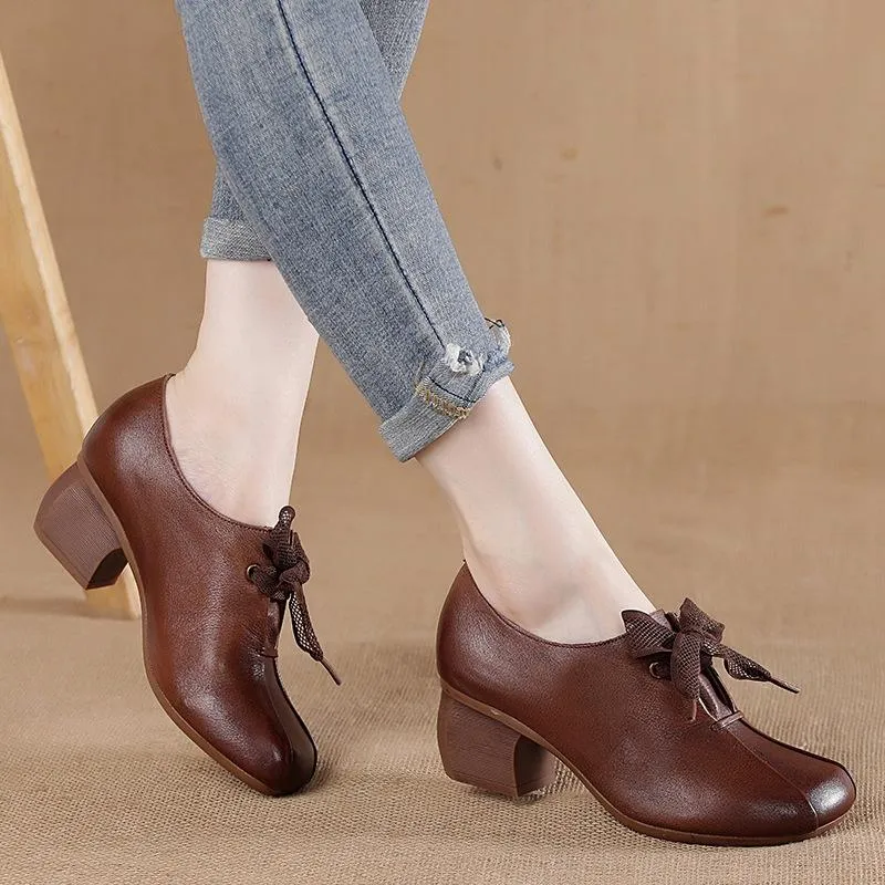 Retro Leather Shoes Handmade Square Toe Chunky Heel For Women Brown/Black