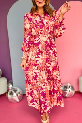 Rose Floral Print Buttoned Smocked High Waist Maxi Dress