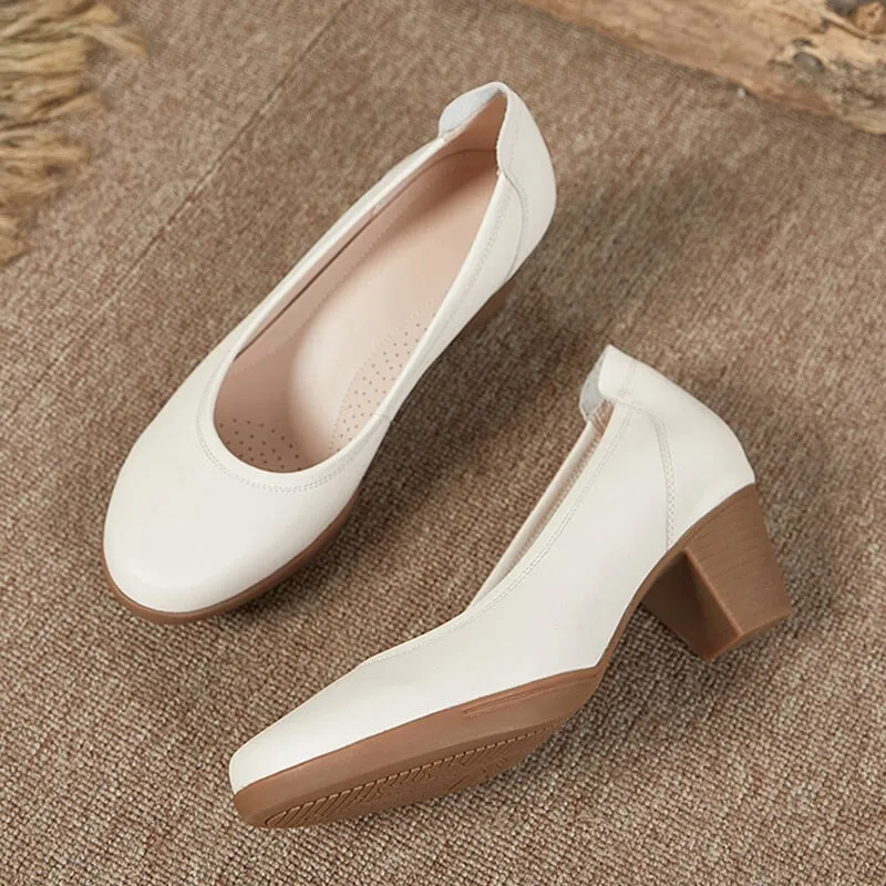 Soft Leather Glove Shoes Slip on Pumps for Women 50mm Block Heel Work Shoes in White/Black