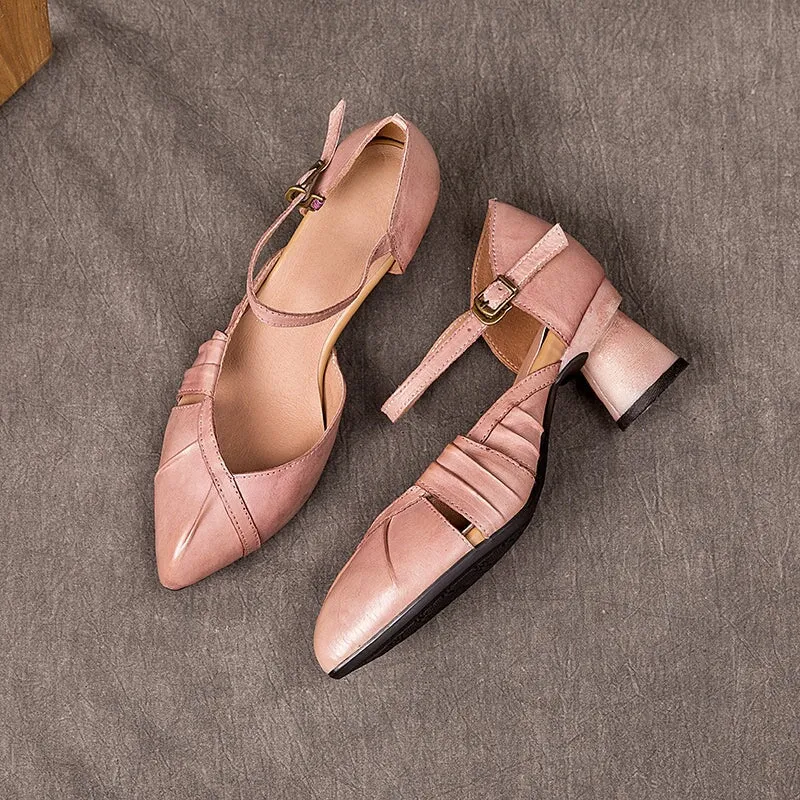 Women's Leather Pumps Sandals Point Toe Cylinder Heel Shoes in Pink