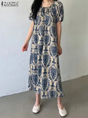 ZANZEA Holiday Summer Maxi Dress Women Fashion Short Sleeve Robe Vintage Printed Bandage O-neck Sundress Casual Loose Vestidos